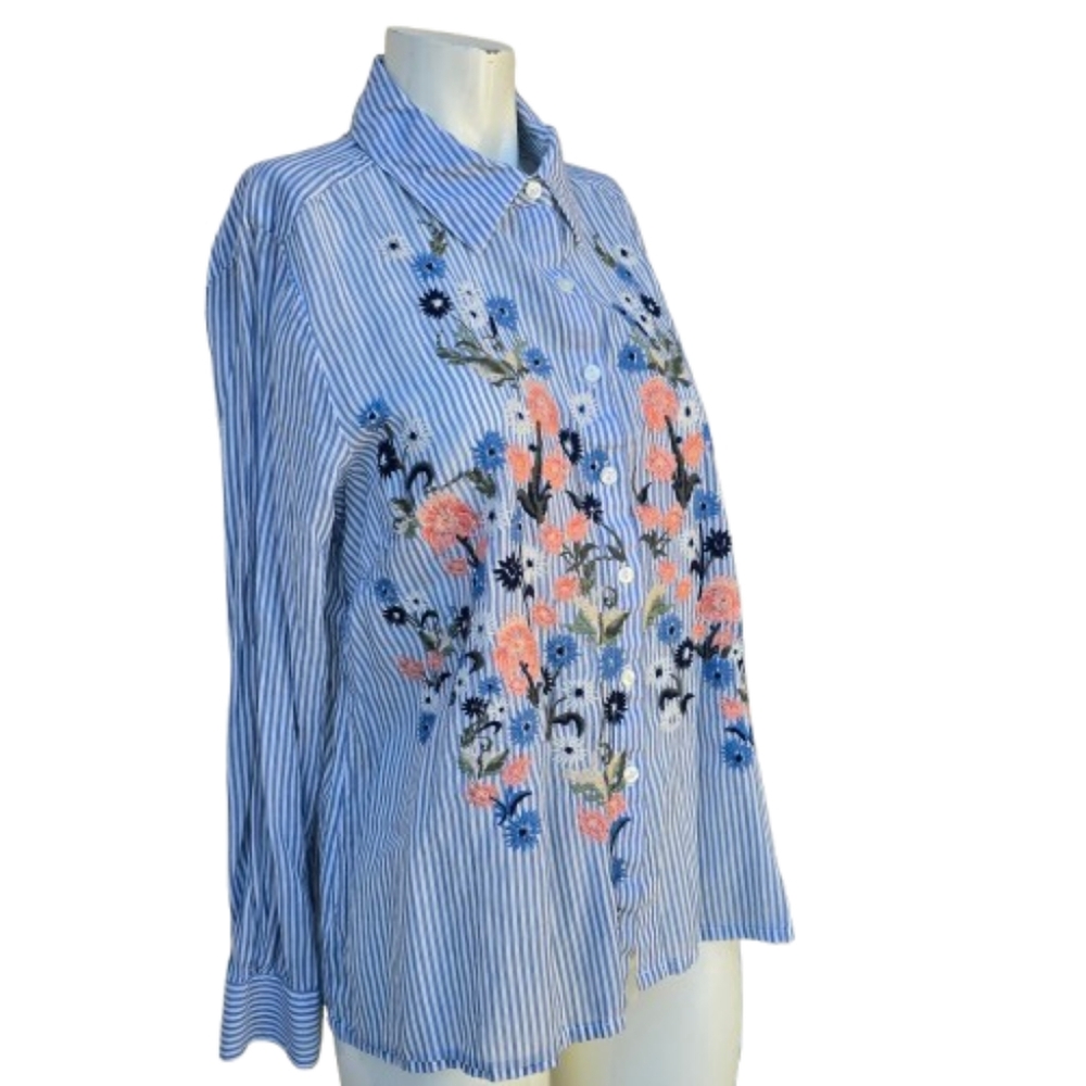 Style & Co. Striped Floral Embroidered Button-Up Shirt Sz M - Picture 2 of 8